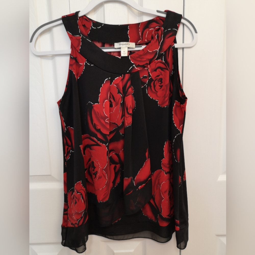 Dress Barn Women's Black and Red Rose Flowy Blouse Size M